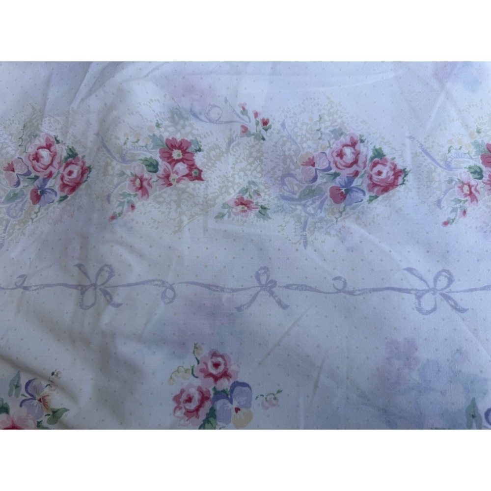 Vintage MCM Fieldcrest Floral Pruple Bow Full Size  Flat Sheet Cottagecore